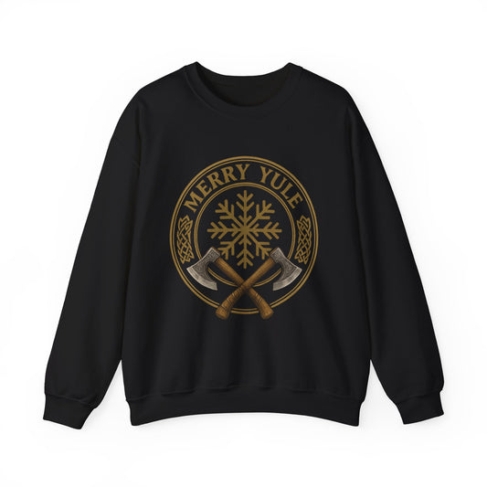 Merry Yule Crewneck Sweatshirt — Norse Snowflake & Crossed Axes Holiday Pullover