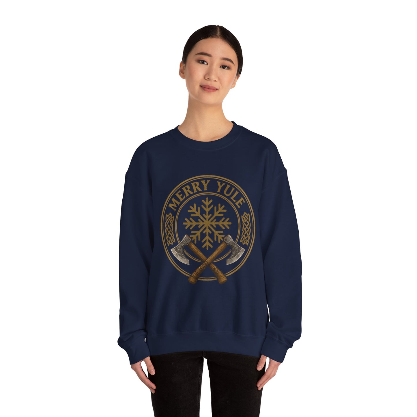 Merry Yule Crewneck Sweatshirt — Norse Snowflake & Crossed Axes Holiday Pullover