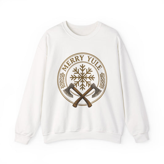 Merry Yule Crewneck Sweatshirt — Norse Snowflake & Crossed Axes Holiday Pullover