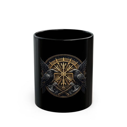 Valknut Raven Viking Mug — Norse Vegvisir Compass Coffee Cup (Black, 11oz/15oz)